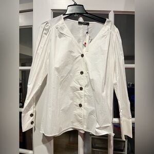 Caara White Button-Down V-Neck Shirt by